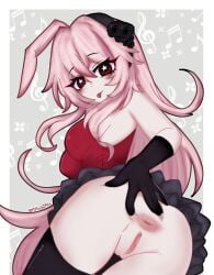 1girl ahoge anus ass bare_shoulders black_flower black_gloves black_hairband black_skirt black_souls black_souls_2 black_thighhighs border breasts flower from_behind gloves grey_background hairband huge_ahoge large_breasts leotard looking_at_viewer musical_note pink_hair pipo_(pipochipzz) prickett_(black_souls) pussy red_eyes red_leotard skirt solo spread_anus strapless strapless_leotard thighhighs tongue tongue_out twitter_username white_border