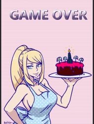 akairiot app apron apron_only big_breasts blonde_hair breasts cake domestication femsub food hypnosis hypnotized large_breasts metroid_(series) naked_apron nintendo ponytail samus_aran solo spiral_eyes stepfordization symbol_in_eyes text tray