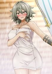 2d 2d_(artwork) 2d_artwork caesar_king green_hair shower towel towel_only zenless_zone_zero