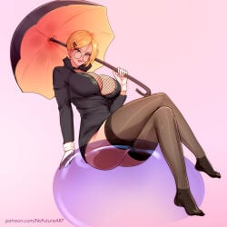 1:1 1girls ass big_breasts blonde_hair breasts cleavage cosplay crossed_legs female female_only fishnets glasses gloves green_eyes hairclip hi_res kalifa_(one_piece)_(cosplay) large_breasts looking_at_viewer mikita_(one_piece) miss_valentine no_shoes nofuture one_piece pink_lipstick round_glasses short_hair sitting smiling smiling_at_viewer solo stockings thick_thighs umbrella