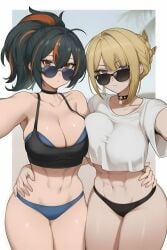 ai_generated beach bikini black_hair blonde_hair evelyn_chevalier neckwear purple_eyes red_hair selfie sunglasses zhu_yuan