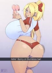 1girl 1girls blep blonde_female blonde_hair blue_eyes booty_shorts character_name character_request huge_ass huge_breasts looking_at_viewer pinup purpleguyri ribbon riley_moore_(artist) selfie snapchat super_breasts tagme thick_thighs wink