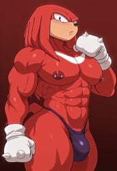 1boy ai_generated anthro bara big_ass big_ass_(male) big_butt big_butt_(male) bulge furry gay huge_pecs knuckles_the_echidna kovasfox male_focus muscular nipple_piercing nipples pecs sega solo sonic_(series) sonic_the_hedgehog_(series) thick_thighs thong