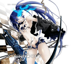 black_rock_shooter black_rock_shooter_(character) blue_eyes blue_hair breasts chains checkered checkered_floor natsuno_suika nipple_slip nipples no_panties open_fly open_shorts pale_skin pussy pussy_peek scar shorts small_breasts swimsuit sword tied_hair twintails uncensored wardrobe_malfunction weapon