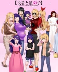 4boys 6+girls bandaid bandana black_hair blonde_hair blue_eyes breasts brother_and_sister brown_shirt chewing_gum crossed_arms dress family father_and_daughter father_and_son flip-flops glasses green_eyes hoshino_ai hoshino_aquamarine hoshino_ruby husband_and_wife if_they_mated kmvt69 long_hair looking_at_viewer mature_female mother_and_daughter mother_and_son multiple_boys multiple_girls navel open_mouth oshi_no_ko pants pink_dress pregnant purple_eyes purple_hair ring sandals shirt shorts smile star-shaped_pupils star_(symbol) sunglasses symbol-shaped_pupils v v_over_eye yellow_eyes