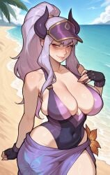 1girl 1girls ai_generated alternate_costume artist_name bare_shoulders beach black_gloves blue_sky blush casual_one-piece_swimsuit cleavage closed_mouth cloud collarbone covered_navel curvy day fingerless_gloves flower highleg_swimsuit large_breasts league_of_legends lips long_hair looking_at_viewer megasonek ocean outdoors ponytail pool_party_syndra purple_eyes purple_hair purple_horns purple_one-piece_swimsuit sand sarong shiny_skin sidelocks skindentation smile syndra thick_thighs tree visor_cap water wide_hips