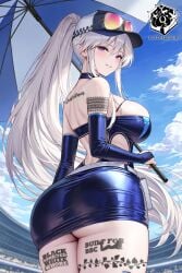 ai_generated ass azur_lane blacked blacked_female blue_clothing breasts choker clouds edit elbow_gloves enterprise_(azur_lane) enterprise_(wind_catcher)_(azur_lane) hat outdoors parted_lips ponytail purple_eyes qos qos_tattoo queen_of_spades race_queen skirt sky sunglasses sunglasses_on_hat thighhighs tight_clothing umbrella white_hair