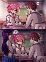 ! 1boy 2girls absurdres anger_vein artist_name breast_envy breasts classroom colored_speech_bubble commentary cupcake ddlc doki_doki_literature_club doki_doki_literature_club! eating english_commentary food heart highres jpg large_breasts likesac multiple_girls natsuki_(doki_doki_literature_club) protagonist_(doki_doki_literature_club) questionable school_uniform serenity_forge sitting speech_bubble tagme team_salvato thought_bubble yuri_(doki_doki_literature_club)