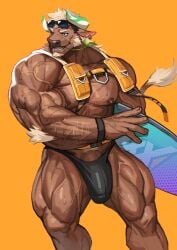 1boy abs absurdres animal_ears arm_hair bara biceps black_male_swimwear bulge chest_hair commentary_request cow_boy cow_ears cow_horns cow_tail dallawan_(xxl) earrings eyewear_on_head furry furry_male highres holding holding_surfboard horns jewelry korean_commentary looking_to_the_side male_focus male_swimwear mouth_hold muscular muscular_male nipples open_mouth pectorals penis penis_peek scar scar_across_eyebrow scar_on_chest scar_on_face scar_on_stomach smile stalk_in_mouth sunglasses surfboard tail traver009 wet white_background xxl_woofia yellow_background