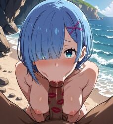 1girl ai_generated anime anime_coloring ass beach beautiful blowjob blue_eyes breasts cute female female_focus kissmarks morikoi re:zero_kara_hajimeru_isekai_seikatsu rem_(re:zero) water woman