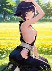 1girl ai_generated arm_up armpits ass bleach field from_side grass hip_vent kneeling looking_at_viewer looking_to_the_side nipples perky_breasts sideboob sitting sitting_down small_breasts smile soifon sui-feng sweat tree