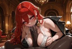 1boy 1girl ai_generated between_breasts black_choker black_gloves blush breast_press breasts breasts_squeezed_together chandelier choker cleavage clothing coat_on_shoulders cum cum_in_mouth dark-skinned_male dark_penis dark_skin dress earrings fellatio female flower_choker gloves hetero himeko_(honkai:_star_rail) honkai:_star_rail indoors interracial jacket_on_shoulders jewelry lamp large_breasts large_penis long_hair looking_at_viewer male mature_female oral paizuri penis red_hair redhead single_glove solo_focus vantawaifu veins veiny_penis very_dark_skin white_dress yellow_eyes