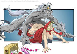 1boy 1girls anal_beads anthro anthro_on_female anthro_on_human ass basket beauty_mark big_bad_wolf big_breasts blackmagog blonde_hair breasts cloak condom dildo doggy_style erect_nipples female female_on_anthro from_behind hands_and_knees hood human human_on_anthro little_red_riding_hood male mole nipples nude nude_female penis scar_across_eye sex sex_toy straight veiny_penis werewolf wolf