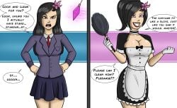 alternate_costume alternate_hairstyle apron before_and_after big_breasts black_hair bow breasts choker cleavage collarbone comic empty_eyes feather_duster femsub flower forced_employee gloves happy_trance large_breasts lipstick maid maid_headdress maid_uniform makeup original pendulum polmanning ponytail purple_eyes school_uniform skirt smile stepfordization text tie transformation