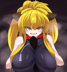 1boy 1boy1girl 1girls 2020s 2023 2d 2d_(artwork) bandai_namco blonde_hair blush breasts clothed_paizuri expellee female female_focus fox_girl happy huge_breasts long_hair looking_at_viewer male male/female male_pov namco paizuri pov red_eyes smile xiaomu