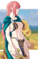1girls abs armor armored_female athletic_female belly_button big_breasts bikini_armor braid braided_hair braided_ponytail cape clothed clothed_female collarbone eyebrows eyelashes female_only fit_female flower flower_in_hand gladiator green_cape loincloth long-haired_female long_hair no_sex one_piece pink-haired_female pink_eyebrows pink_hair pomelomelon rebecca_(one_piece) solo sunflower sunflower_field toned_female voluptuous voluptuous_female