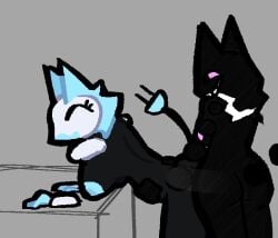 2girls ambiguous_penetration anal anal_sex anthro anthro_on_anthro ass ass_crack back big_penis black_body black_fur blue_nipples breasts deltarune doggy_style evilincarn8te eyelashes female female_anthro floating_hands friend_(deltarune) furry furry_female futanari huge_cock long_penis naked naked_female nude nude_female penis pink_eyes pink_nipples segmented_arms tasque_manager_(deltarune) trans_woman yellow_eyes
