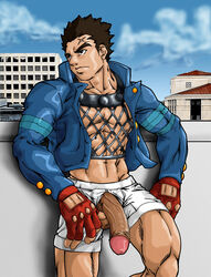 1boy balls batsu_ichimonji big_penis capcom clothing detailed_background fingerless_gloves gay male male_only muscular muscular_male penis penis_through_fly public rival_schools sakuseii solo underwear video_games white_underwear yaoi