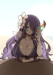 1girl absurdres big_breasts breasts camilla_(fire_emblem) camilla_(tropical_beauty)_(fire_emblem) cleavage collarbone commentary_request cup fire_emblem fire_emblem_fates fire_emblem_heroes flower front-tie_bikini_top front-tie_top hair_flower hair_ornament hair_over_one_eye highres holding holding_cup large_breasts nintendo official_alternate_costume purple_eyes purple_hair rarudo7 simple_background solo wavy_hair