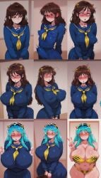 1boy 1girl 1girls ai_generated big_breasts bikini black_eyes blue_hair breasts breasts_expansion brown_hair bulge butt_expansion cosplay gender_transformation genderbend glasses horns lum lum_(cosplay) male_to_female mtf_transformation oni_horns orange_eyes school_uniform tagme tf_into_fictional_character tiger_print urusei_yatsura