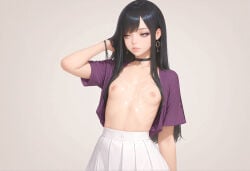 1boy 1femboy absurd_res ai_generated artist_upload black_choker black_hair breasts choker crossdressing cum cum_on_body cum_on_breasts earrings femboy femboy_focus feminine_male gay grey_eyes hand_in_own_hair hi_res high-waist_skirt jewelry lips long_hair more_at_source nipples open_clothes open_shirt pandora pleated_skirt purple_shirt self_upload shirt simple_background skirt small_breasts solo transgender uncensored white_skirt