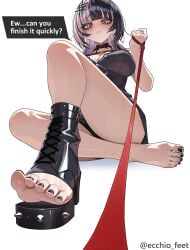 1girl absurdres barefoot black_hair blush ecchi-o feet highres hololive leash long_hair looking_at_viewer multicolored_hair open-toe_shoes parted_lips pov shiori_novella shoes single_shoe soles sweat toes two-tone_hair white_hair yellow_eyes