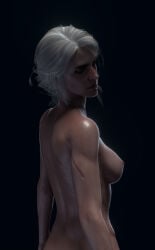 1girls 3d alpha-bloodshot back_view breasts cd_projekt_red ciri completely_nude female freckles freckles_on_face green_eyes light-skinned_female light_skin looking_at_viewer looking_back mascara nipples nude scar solo solo_female the_witcher_(series) the_witcher_3:_wild_hunt wet_body white_hair