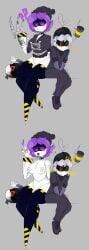 1boy 1girls 2d 3_fingers ?! beanie blush blush_lines blushing breasts chocker claws claws_out disassembly_drone female glitch_productions humanoid humanoid_female humanoid_male jacket kayl male medium_breasts murder_drones n_(murder_drones) n_worker_drone pants purple_eyes purple_hair robot robot_boy robot_girl robot_humanoid screen_face severed_head short_hair spiked_choker suit tail thick_thighs thighhighs thighs uzi_(murder_drones) uzi_disassembley_drone worker_drone yellow_eyes zipper