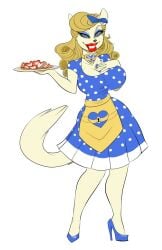 anthro apron big_breasts blonde_hair cat cat_ears cat_girl collar domestication dress female_only femsub furry high_heels large_breasts lipstick micki original ring_eyes solo stepfordization tray