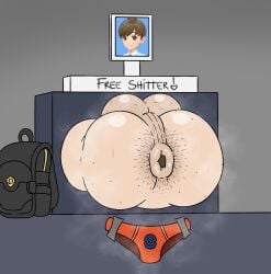 1boy anus_open backpack big_ass big_balls dennsfw florian_(pokemon) free_use game_freak hairy_anus imminent_rimming nintendo pokemon pokemon_sv steam stuck_in_object stuck_in_wall thick_thighs underwear