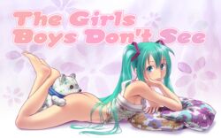 1girls aqua_eyes aqua_hair ass back barefoot bottomless breasts buttsnuggle camisole chin_rest color cushion english feet fingernails hair hatsune_miku head_on_ass highres legs lips long_hair lying no_panties no_pants on_stomach pillow plushophilia scarf sex_with_stuffed_animal sexually_suggestive sideboob soles solo stuffed_animal stuffed_toy takouji teddy_bear tied_hair toes twintails vocaloid wallpaper wokada