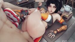 1boy 1boy1girl 1girl 1girls ambiguous_penetration animated anran anran_(overwatch) asian asian_female ass big_penis black_hair bottomless dress evilbaka footwear gloves hazel_eyes light-skinned_female light-skinned_male light_skin overwatch penis shoes sideways socks sound straight straight_sex table table_sex tagme thighs video