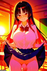 (titancore) ai_generated big_breasts big_cock black_hair blushing classroom curvy_figure cute_girl female futa_only futanari girl hanging_cock lifting_skirt long_hair multicolored_hair naughty_girl red_eyes red_hair school_uniform schoolgirl sunset