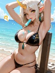1girl ? ai_generated arlequin097 armpits arms_behind_head arms_up beach bikini black_bikini blue_sky breasts cleavage cloud collarbone day dripping earrings food food_on_body hair_ornament horns jewelry large_breasts league_of_legends league_of_legends:_wild_rift lips long_hair looking_at_viewer makeup melting navel ocean outdoors pointy_ears popsicle popsicle_in_mouth riot_games sand side-tie_bikini_bottom sideboob single_horn sitting skindentation sky smile solo soraka soraka_(league_of_legends) spoken_question_mark stomach string_bikini swimsuit tassel tassel_earrings very_long_hair water wet white_hair yellow_eyes