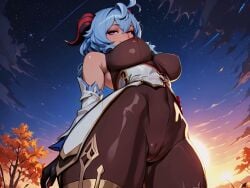 ahoge ai_generated animated autumn blue_hair bodystocking bodysuit collar cow_bell detached_sleeves dusk female fewmorepixels ganyu_(genshin_impact) genshin_impact goat_horns horns mihoyo outdoors purple_eyes sidelocks tagme video