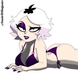 ass bedroom_eyes butt emberlynn_pinkle emberlynn_pinkle_(human_form) freckles freckles_on_ass freckles_on_face freckles_on_shoulders hellaverse helluva_boss laying_on_stomach lying_on_stomach purple_bikini purple_lipstick raised_eyebrow solo tagme vivienne_medrano vivziepop white_background
