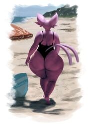anthro ass beach chervenkata eeveelution espeon female game_freak huge_ass nintendo one-piece_swimsuit pokemon pokemon_(species) solo swimsuit thick_thighs video_games wide_hips
