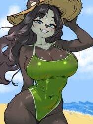 1girls 2026 anthro anthro_female anthro_only beach big_breasts black_hair blue_eyes breasts commission digital_media_(artwork) female female_anthro female_only furry furry_female furry_only greaterkeytattoos green_swimsuit long_hair no_visible_genitalia original original_character panda panda_ears panda_girl smile smiling smiling_at_viewer straw_hat swimsuit vgen_commission wavy_hair wet wet_body