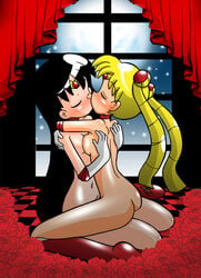 2girls ass bishoujo_senshi_sailor_moon boots breasts choker closed_eyes color female female_only flower human indoors kissing knee_boots multiple_girls naked rei_hino rose sailor_mars sailor_moon side_view small_breasts usagi_tsukino window yellow_hair yorunoko yuri