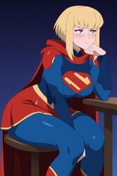 1female 1girl 1girls 2026 ai_generated big_ass big_breasts blonde_hair blue_bodysuit blue_eyes blush bodysuit breasts cape closed_mouth curvy dc dc_comics head_rest hi_res high_quality high_resolution highres huge_ass huge_breasts kara_zor-el large_breasts looking_at_viewer my_adventures_with_superman red_cape short_hair sitting skirt solo supergirl superhero superman_(series) table unjobdespiert