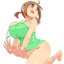 ahoge blush bottomless brown_eyes brown_hair cute green_dress looking_away nervous no_panties one_leg_up short_twintails shy twintails