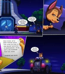 1boy anthro anthrofied bbmbbf canine chase_(paw_patrol) collar comic dog domestic_dog driving english english_text fur34 german_shepherd ignore_this_one letter male mammal nick_jr nickelodeon palcomix paw_patrol pillow police_car ryder_(paw_patrol) solo text
