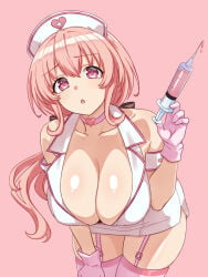 armband bare_shoulders breasts choker cleavage collarbone compa dress garter_straps gloves hair_between_eyes hand_on_own_thigh hat heart heart_choker highres holding holding_syringe huge_breasts leaning_forward long_hair looking_at_viewer neptune_(series) neptunia_(series) nurse nurse_cap open_mouth pink_background pink_choker pink_eyes pink_gloves pink_hair pink_liquid pink_thighhighs plunging_neckline shiny_skin short_dress side_slit skindentation solo syringe teeth thighhighs thighs upper_teeth_only white_armband white_dress zatsu
