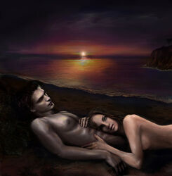 1boy 1girls beach bella_swan duo edward_cullen female male muscles muscular muscular_male nude seaside the_twilight_saga twilight