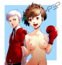 blood boxing_gloves boyaking breasts brown_eyes brown_hair casual female female_protagonist_(persona_3) gloves handwear heroine human kotone_shiomi medium_breasts megami_tensei mostly_nude navel nipples nosebleed nude persona persona_3 persona_3_portable red_boxing_gloves red_gloves sanada_akihiko short_hair smile