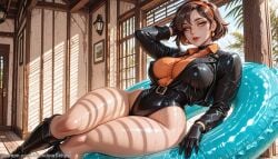 1girl adjusting_hair ai_generated ass backdoorsenpai belt big_ass black_choker black_gloves black_jacket black_knee_boots breasts brown_hair cate_archer curvy earrings egao female_focus full_body green_eyes groin hair_flowing_over hand_fan huge_breasts innertube large_breasts light_blush lips looking_at_viewer medium_breasts naughty_face naugty_eyes no_one_lives_forever orange_hairband perky_breasts red_lipstick shadow short_hair sitting skindentation thick_thighs thighs wide_hips