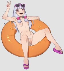 1girl :d absurdres agria_(midsummer_girl)_(tales) agria_(tales) armpits blunt_bangs breasts commission eyewear_on_head female_pubic_hair flip-flops flowerpigeon freckles full_body hair_rings highres innertube long_hair looking_at_viewer low-tied_sidelocks lying nail_polish navel nipples nude official_alternate_costume on_back on_innertube open_mouth pink_sandals pubic_hair purple-framed_eyewear purple_eyes purple_sandals pussy red_nails sandals sidelocks simple_background small_breasts smile solo sunglasses swim_ring swimsuit tales_of_(series) tales_of_asteria tales_of_the_rays tales_of_xillia toenail_polish toenails toes v white_hair white_pubic_hair