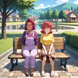 2girls ai_generated civitai embarrassed fanon_couple glasses hidden_vibrator maru_(stardew_valley) orange_hair outdoors overalls park_bench penny_(stardew_valley) public_indecency purple_eyes purple_hair red_eyes shoulder_length_hair skirt smile stable_diffusion stardew_valley vibrator vibrator_under_clothes yuri