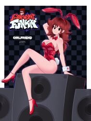 1girl animal_ears argyle argyle_background bow bowtie breasts bunny_ears bunny_tail bunnysuit checkered cleavage detached_collar friday_night_funkin girlfriend_(friday_night_funkin) high_heels leotard long_hair perspective plaid_background red_footwear red_hair s3arts sitting solo strapless strapless_leotard tail wrist_cuffs