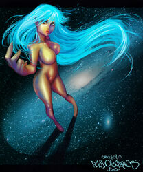 blue blue_hair breasts hatsune_miku long_hair no_nipples nude paulo_barrios space stars vocaloid